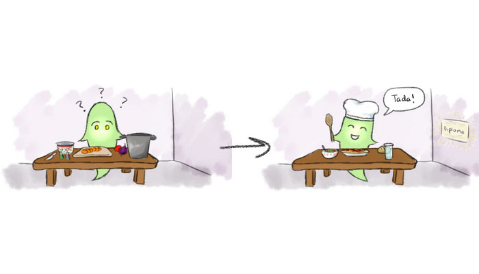 A screenshot of a ghost learning to cook